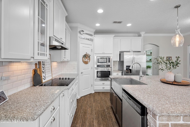 kitchen featuring visible vents, under cabinet range hood, appliances with stainless steel finishes, white cabinets, and a sink