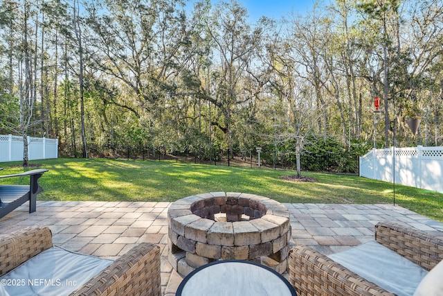 view of patio featuring an outdoor fire pit and a fenced backyard