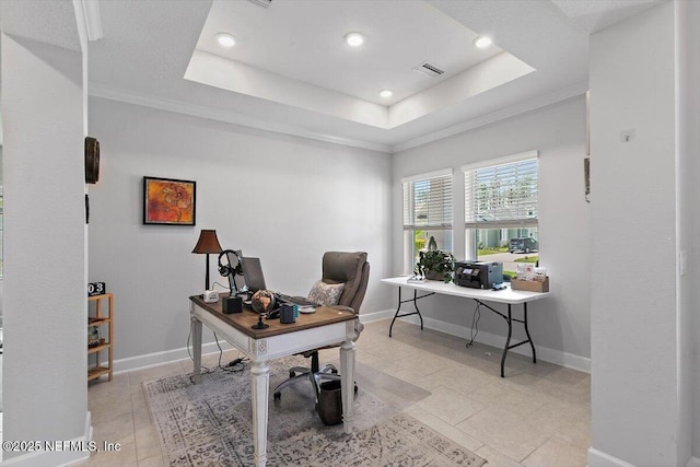 116 Clarendon Rd, Saint Johns, FL 32259 - home office with baseboards, a tray ceiling, and visible vents