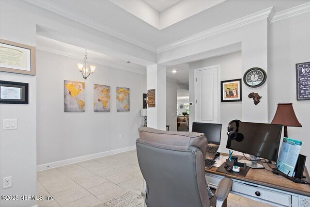 116 Clarendon Rd, Saint Johns, FL 32259 - office featuring light tile patterned flooring, baseboards, crown molding, and an inviting chandelier