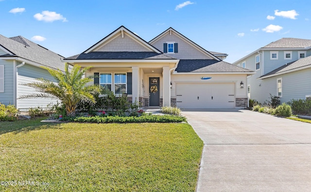 view of front of property with concrete driveway, a garage, stone siding, and a front lawn