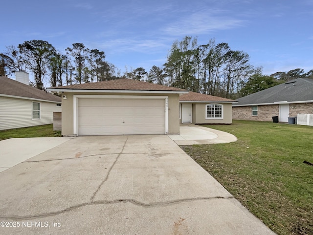 single story home featuring stucco siding, a garage, roof with shingles, and a front yard