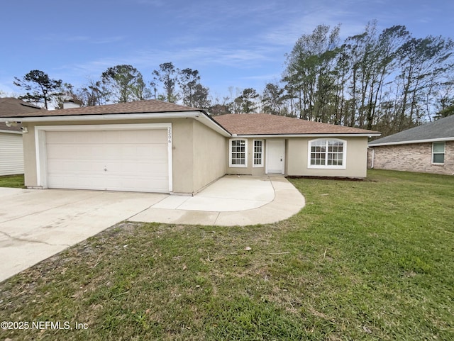 single story home featuring stucco siding, an attached garage, concrete driveway, and a front lawn