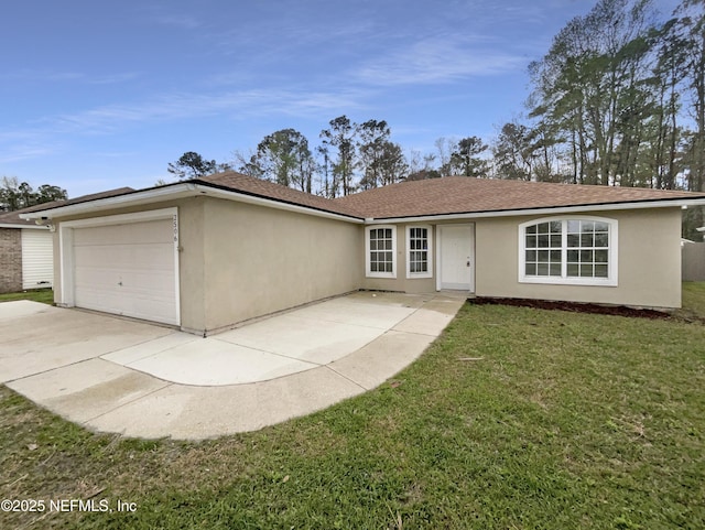 single story home with stucco siding, an attached garage, driveway, and a front yard