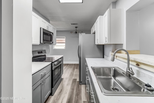 kitchen featuring visible vents, light wood-type flooring, a sink, appliances with stainless steel finishes, and white cabinets