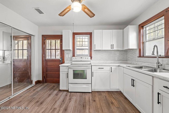 kitchen featuring visible vents, white electric range, light wood-style flooring, a ceiling fan, and a sink