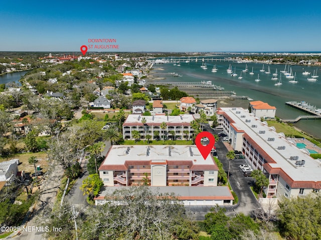 drone / aerial view with a water view