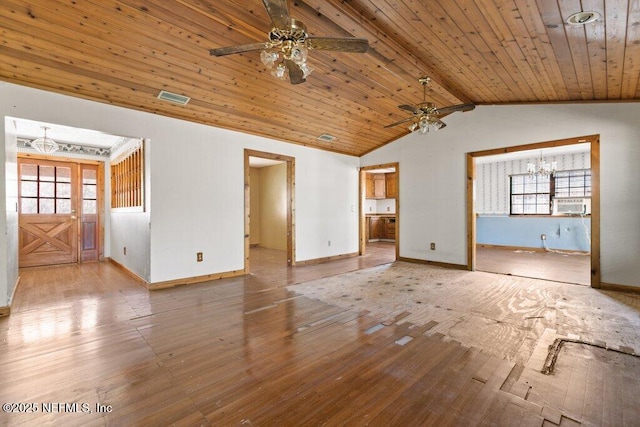 unfurnished living room featuring visible vents, lofted ceiling, wooden ceiling, and hardwood / wood-style flooring