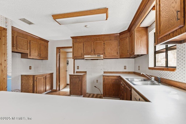 kitchen with under cabinet range hood, visible vents, wallpapered walls, and a sink