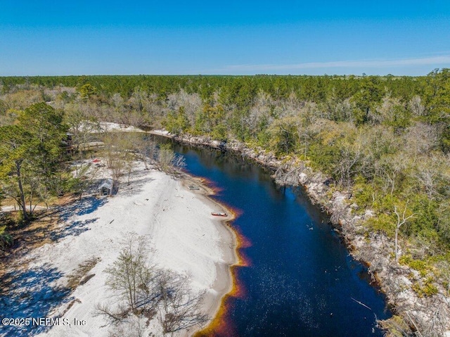 drone / aerial view with a forest view and a water view