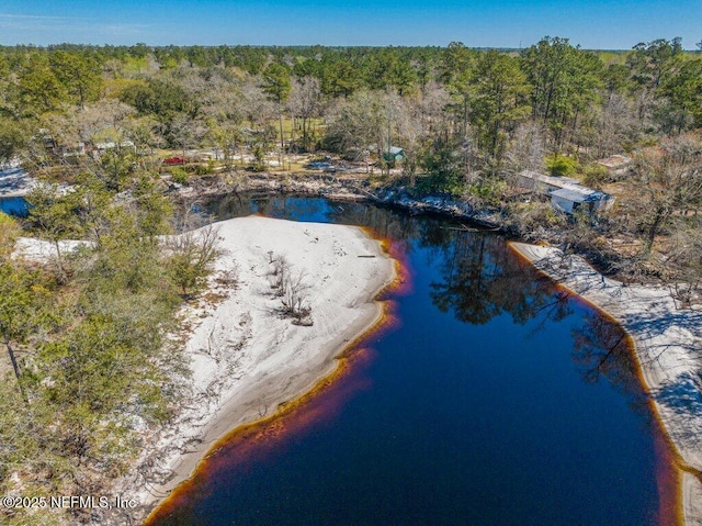 drone / aerial view with a forest view and a water view