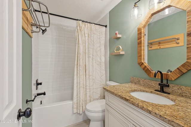 full bath featuring vanity, toilet, shower / tub combo with curtain, and a textured ceiling