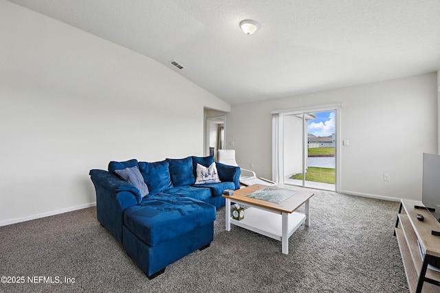 192 Logrono Ct, Saint Augustine, FL 32084 - carpeted living room featuring visible vents, lofted ceiling, and baseboards