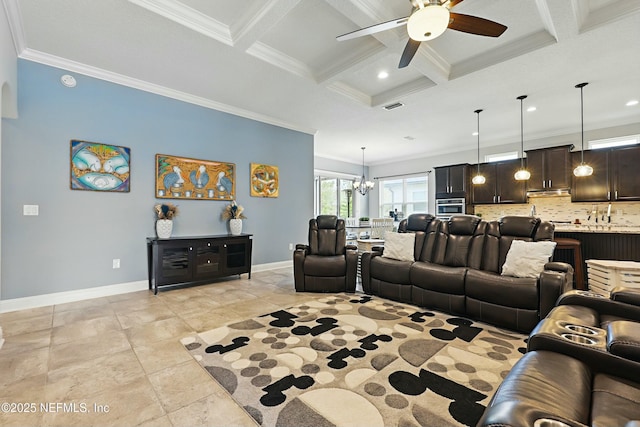 living area with crown molding, beamed ceiling, visible vents, and coffered ceiling