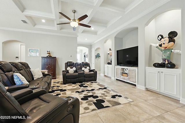 living room with arched walkways, coffered ceiling, a ceiling fan, and ornamental molding