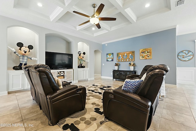 living area featuring light tile patterned floors, beamed ceiling, coffered ceiling, and ornamental molding