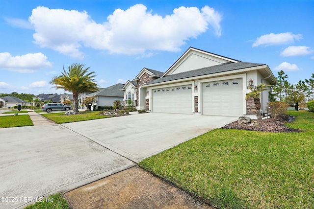 ranch-style home with stucco siding, driveway, stone siding, a front yard, and an attached garage