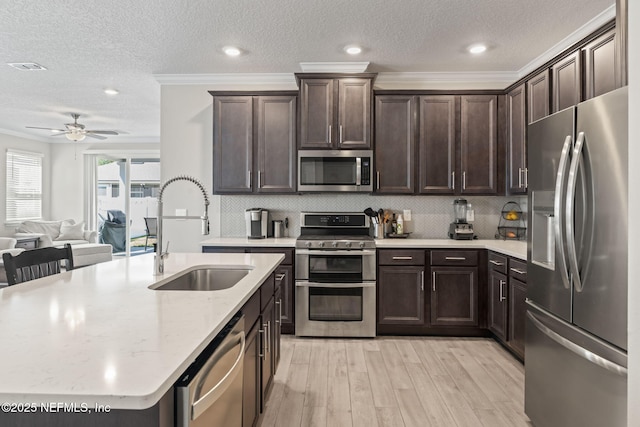 kitchen featuring a sink, dark brown cabinetry, light wood-style floors, and stainless steel appliances