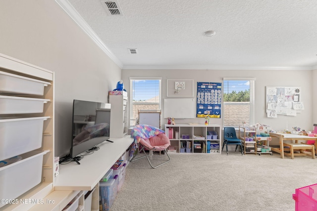 playroom with visible vents, carpet floors, a textured ceiling, and ornamental molding