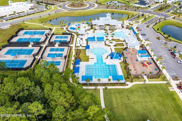 aerial view featuring a water view