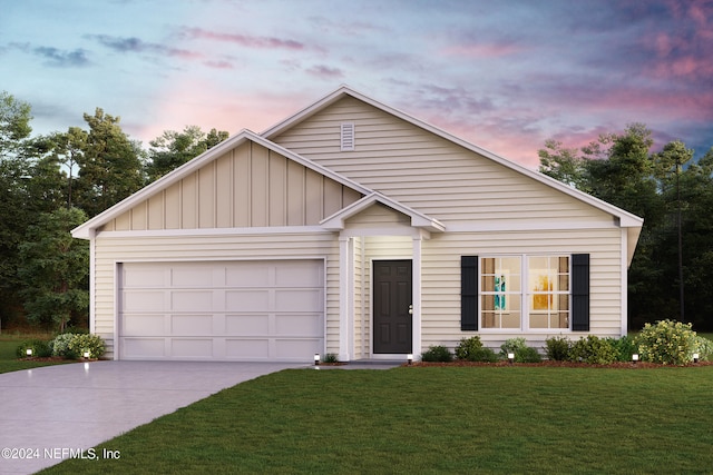 ranch-style home with board and batten siding, a front lawn, an attached garage, and concrete driveway