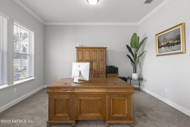 office with baseboards, carpet flooring, and crown molding