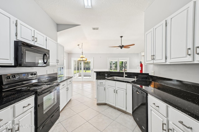 kitchen with visible vents, black appliances, a ceiling fan, a sink, and white cabinets