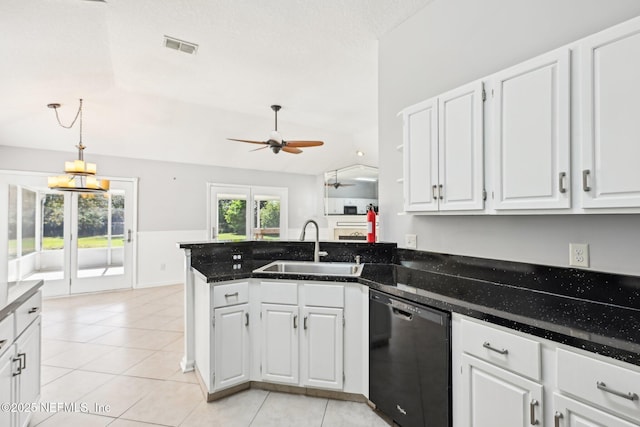 kitchen featuring ceiling fan, dishwasher, a peninsula, white cabinets, and a sink