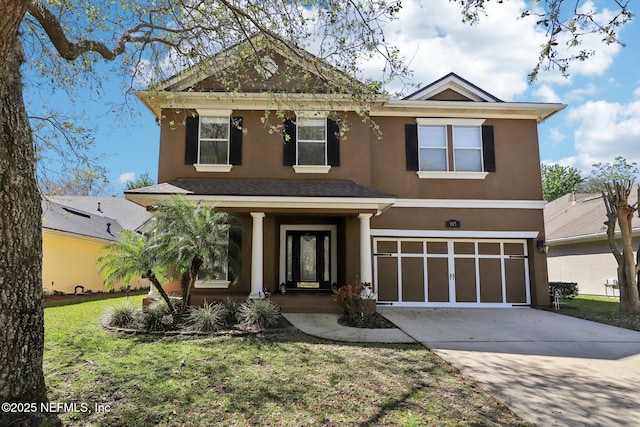 view of front facade featuring a porch, concrete driveway, a front yard, stucco siding, and an attached garage