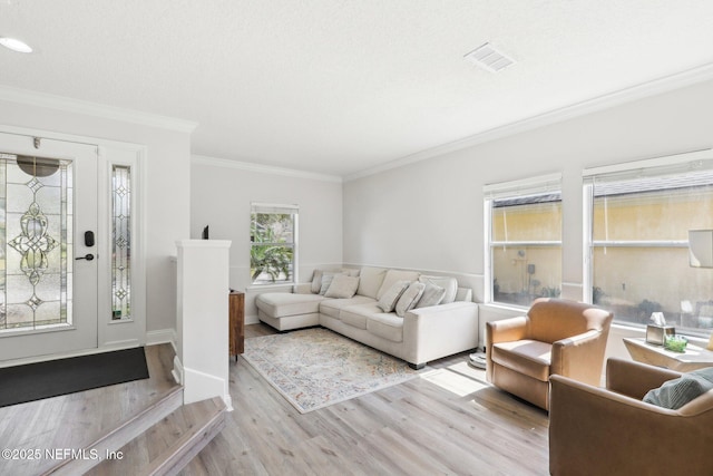 living area featuring visible vents, crown molding, baseboards, wood finished floors, and a textured ceiling