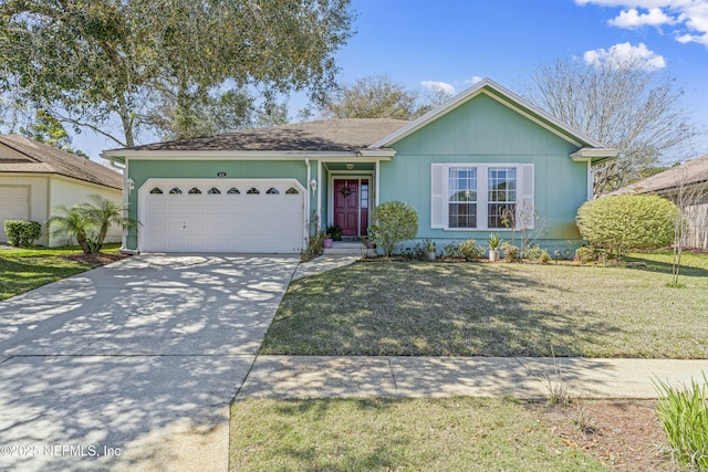 ranch-style home with an attached garage, driveway, and a front lawn