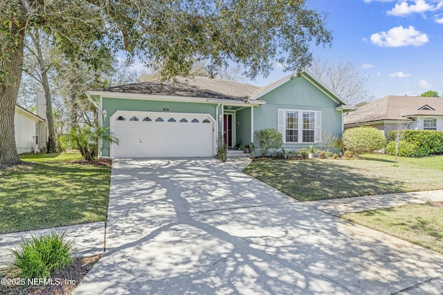 ranch-style house with concrete driveway, a front lawn, and a garage