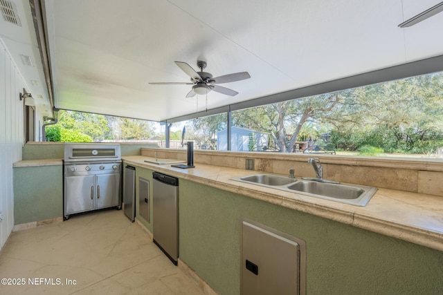 view of patio featuring visible vents, an outdoor kitchen, ceiling fan, and a sink