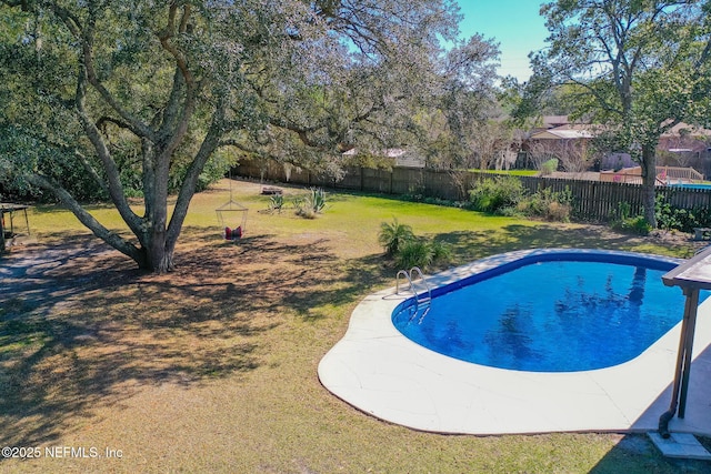 view of pool with a fenced backyard, a fenced in pool, and a yard