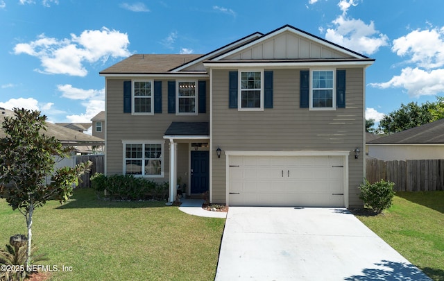 traditional-style house with board and batten siding, a front lawn, fence, concrete driveway, and an attached garage