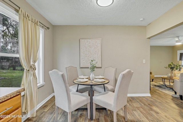 dining room featuring wood finished floors, baseboards, and a textured ceiling