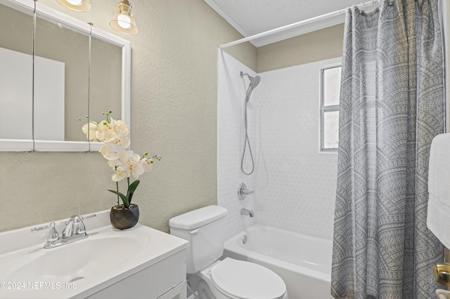 full bath featuring vanity, shower / tub combo, toilet, and a textured wall