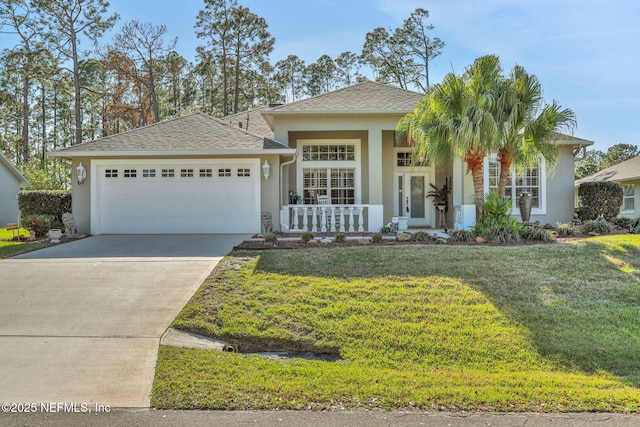 view of front of property with a shingled roof, a front lawn, stucco siding, driveway, and an attached garage