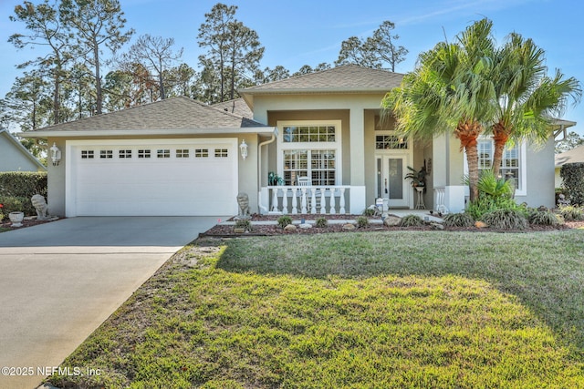 view of front of property with covered porch, stucco siding, concrete driveway, a front lawn, and a garage