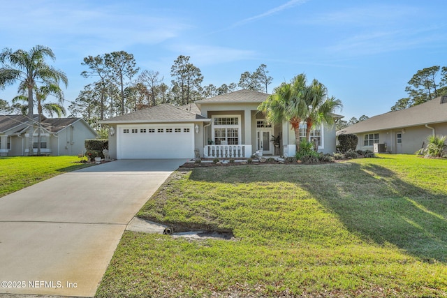 view of front facade with central air condition unit, stucco siding, concrete driveway, a front yard, and a garage