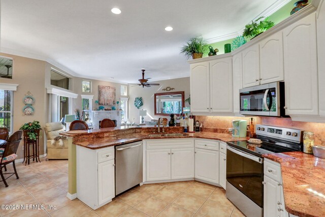 kitchen with a healthy amount of sunlight, a peninsula, stainless steel appliances, and a sink