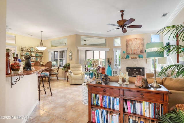 living area featuring a premium fireplace, a healthy amount of sunlight, and ornamental molding