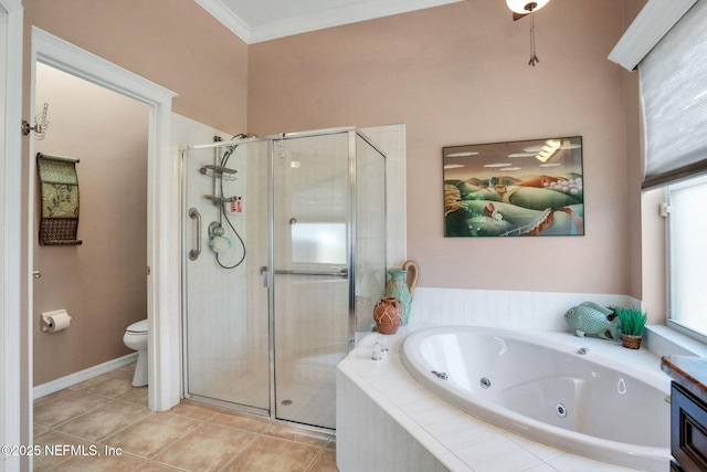 bathroom with tile patterned flooring, a shower stall, crown molding, toilet, and a whirlpool tub