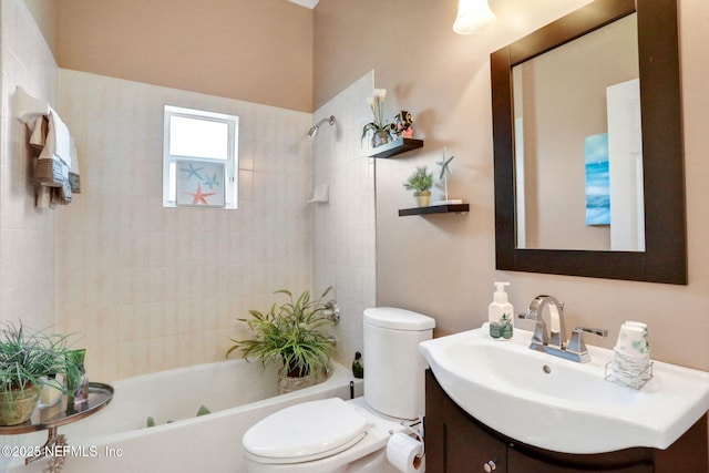 full bath with toilet, vanity, and shower / bathing tub combination