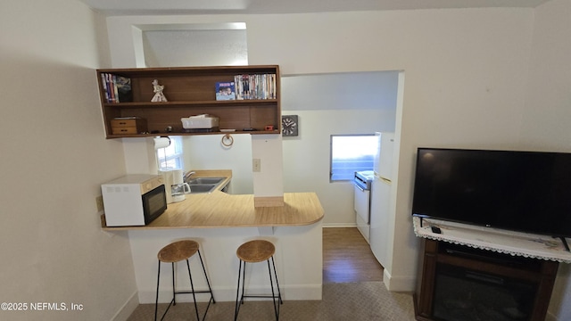 kitchen with open shelves, a kitchen breakfast bar, plenty of natural light, and a sink