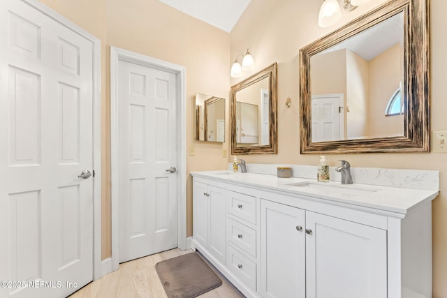 bathroom featuring double vanity, wood finished floors, and a sink