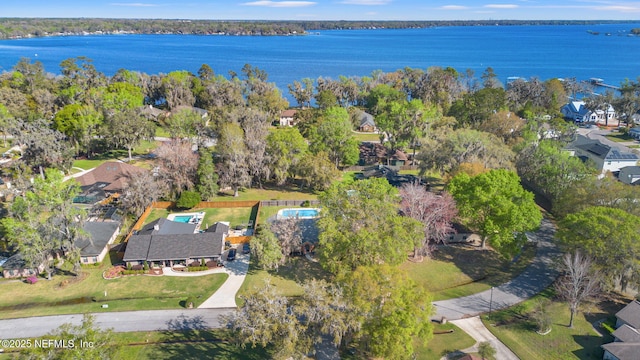 aerial view featuring a water view and a residential view