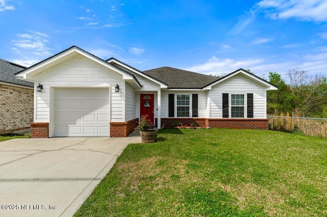 single story home featuring brick siding, fence, a front yard, a garage, and driveway