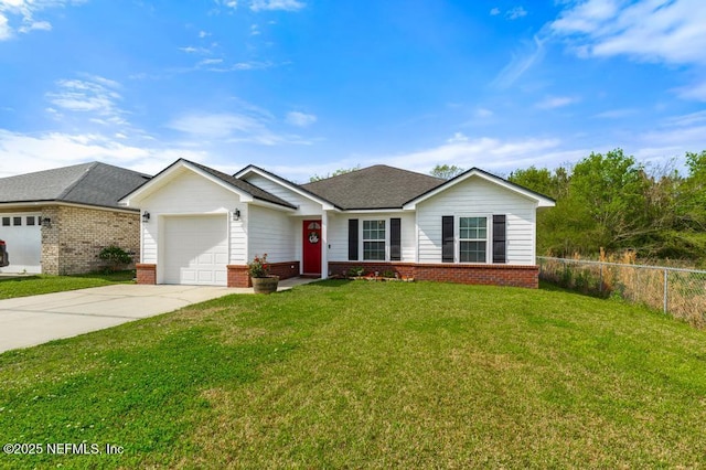 ranch-style home featuring brick siding, an attached garage, concrete driveway, and a front lawn