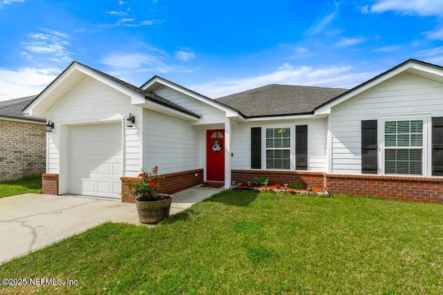 ranch-style house featuring brick siding, driveway, a shingled roof, and a front lawn